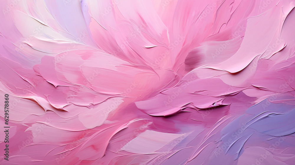 Abstract oil painting with large brush strokes in pink, white, and purple pastel colors. Wallpaper, background, texture.