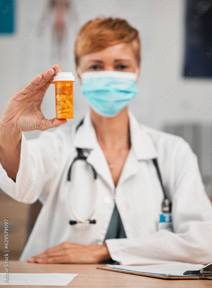 Pills, portrait or doctor with medicine in hospital clinic for healthcare, wellness and supplements. Face mask, medication or female physician holding drugs, prescription product or tablet cure Pills, portrait or doctor with medicine in hospital clinic for healthcare, wellness and supplements. Face mask, medication or female physician holding drugs, prescription product or tablet cure