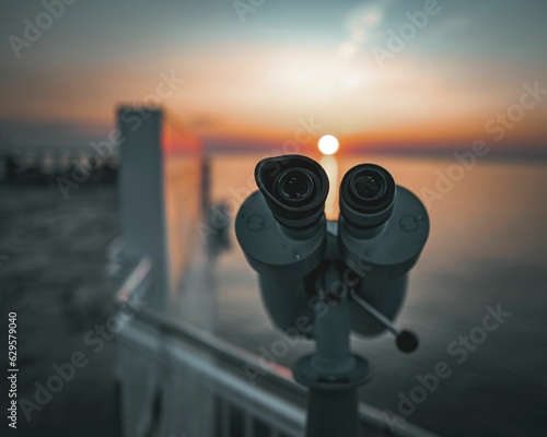 Close up of binoculars on a sunset sky background