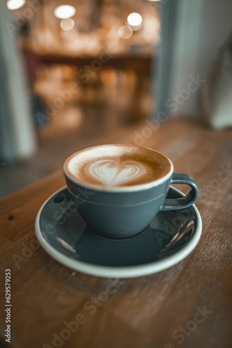 Close p shot of a cup of cappuccino topped with a heart-shaped latte art design, Faroe Islands