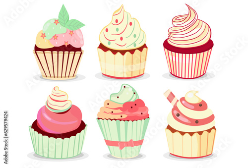 Set  of Delicious cupcakes. Dessert vector illustration design.Hand-drawing  retro style  