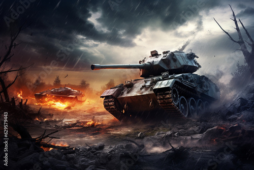 Photo realistic illustration tank on the battlefield. Veterans Day. World War background