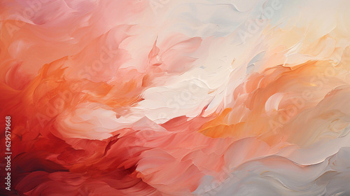 Abstract oil painting with large brush strokes in white, grey, burgundy, red, orange, and beige pastel colors. Wallpaper, background, texture.