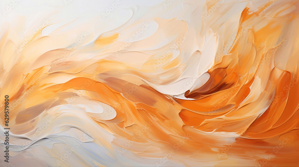 Abstract oil painting with large brush strokes in white, orange, and beige pastel colors. Wallpaper, background, texture.