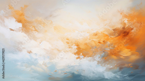 Abstract oil painting in white, grey, orange, and blue pastel colors. Wallpaper, background, texture.