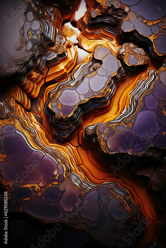 Abstract hypnotic illusion of gold lava over amethyst colors. AI generative