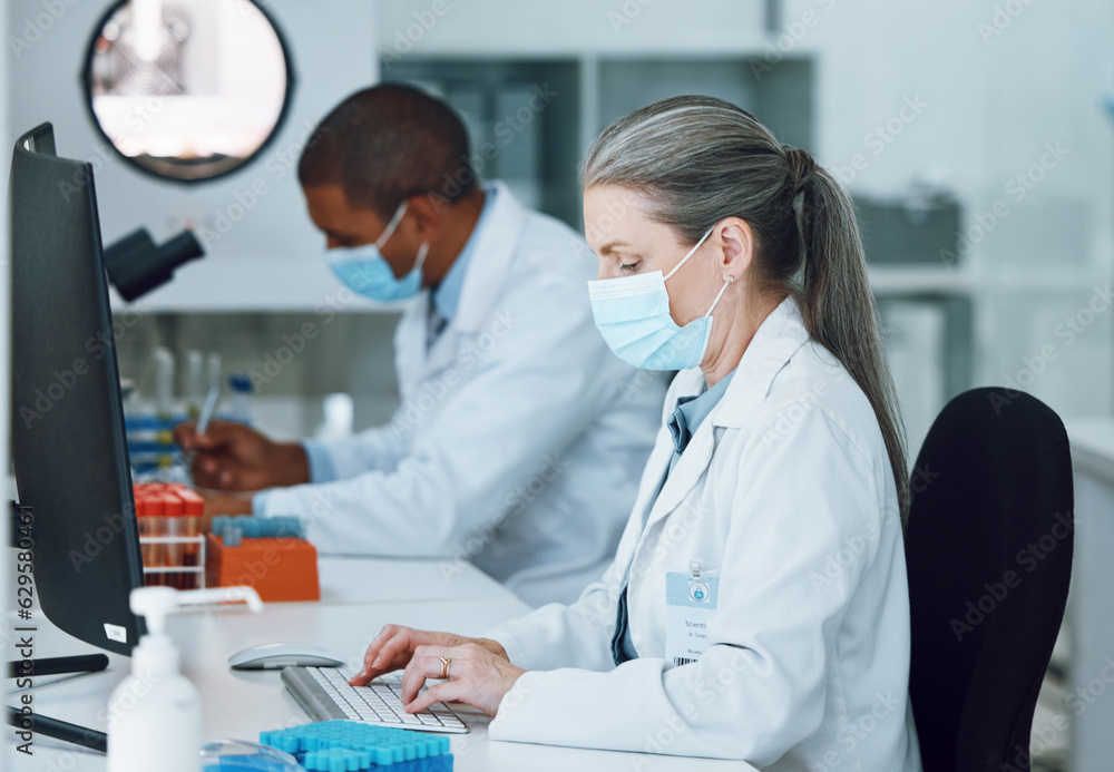 Woman, computer and face mask in science laboratory for medical virus research, medicine or vaccine development. Mature scientist, man or technology keyboard for healthcare or genetic disease control Woman, computer and face mask in science laboratory for medical virus research, medicine or vaccine development. Mature scientist, man or technology keyboard for healthcare or genetic disease control