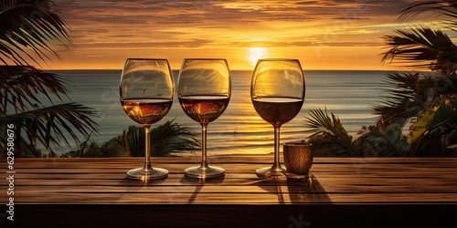 Beach holiday. Sunset landscape background with wine glass on wooden table by sea