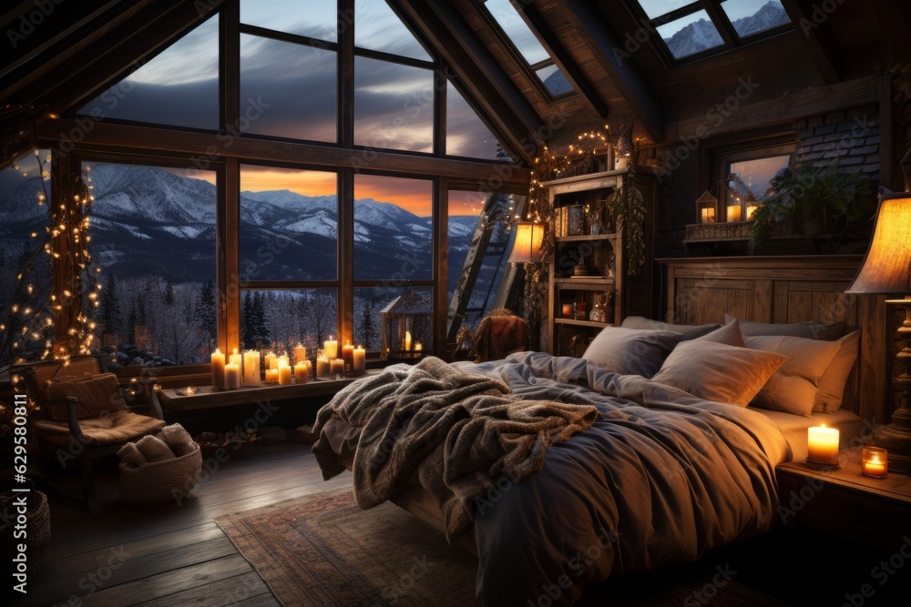 A cozy winter cabin bedroom with a fireplace, warm blankets, and snowy mountain views, evoking feelings of comfort and hygge during the colder months. Generative AI