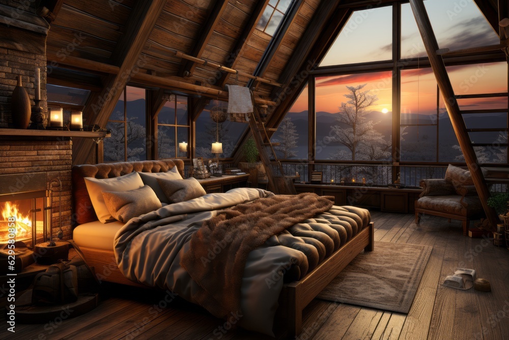 Obraz premium A cozy winter cabin bedroom with a fireplace, warm blankets, and snowy mountain views, evoking feelings of comfort and hygge during the colder months. Generative AI