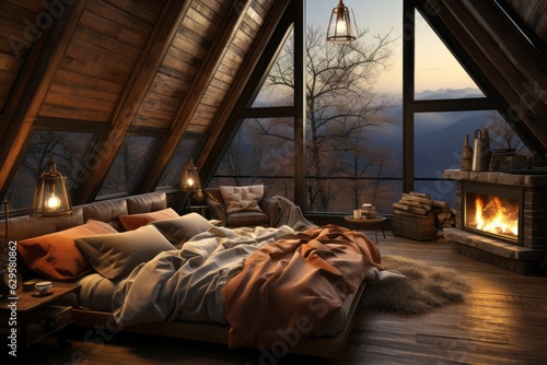 A cozy winter cabin bedroom with a fireplace  warm blankets  and snowy mountain views  evoking feelings of comfort and hygge during the colder months. Generative AI