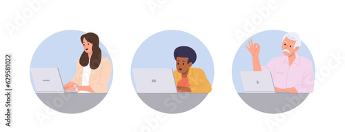Isolated round composition set of happy people studying, working or video chatting online via laptop