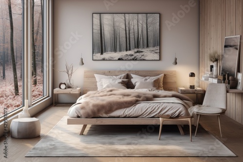 A beautifully styled Scandinavian-inspired bedroom with neutral colors, natural textures, and soft lighting, creating a warm and inviting atmosphere. Generative AI