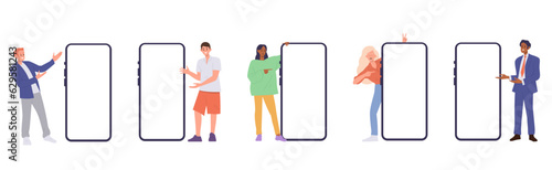 Isolated set of happy tiny people character pointing to huge empty blank mobile phone screen