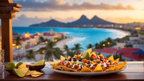 A visually stunning photograph of a Nachos placed on a table with view of a town, serene ocean, and majestic mountains in Cancun. photo