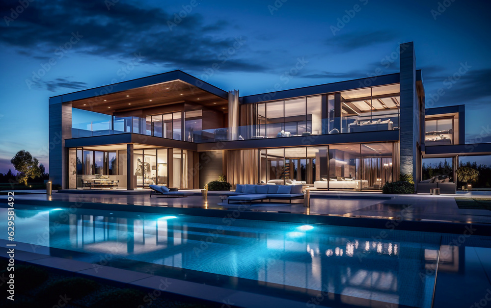 Modern and luxurious villa with swimming pool, just after sunset Modern and luxurious villa with swimming pool, just after sunset