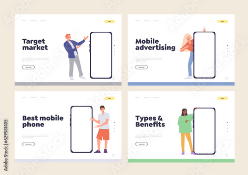 Isolated set of landing page design template with people presenting smartphone device or application