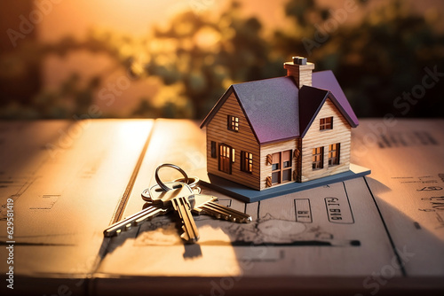 miniature house with keys and light on table background, in the style of light amber and indigo, photo-realistic landscapes, cinestill 50d, contemporary metallurgy, light indigo and dark beige, light  photo