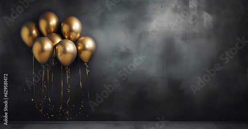 "Elegant Celebration: Happy Birthday with Confettis and Balloons confettis and balloons with a happy birthday message, in the style of light gray and dark gold, ultra realistic, utilizes, 