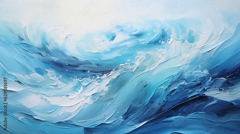 Abstract oil painting of the sea with large brush strokes in white and blue pastel colors. Wallpaper, background, texture.