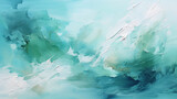 Abstract oil painting with large brush strokes in green, mint, turquoise, and white pastel colors. Wallpaper, background, texture.
