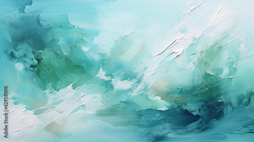 Abstract oil painting with large brush strokes in green, mint, turquoise, and white pastel colors. Wallpaper, background, texture.