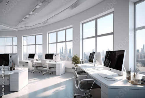 Office interior in the morning  cozy bright workplace with cityscape  background for business presentation  generative ai