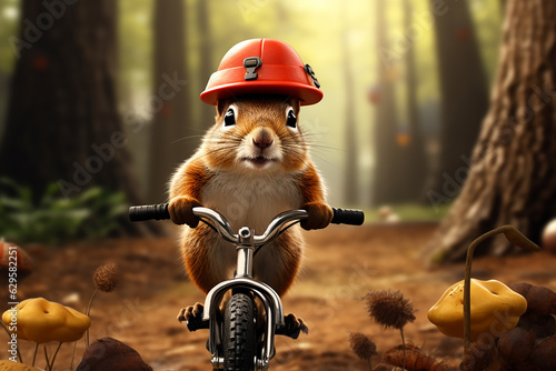 Funny squirrel in a cap riding a bicycle. Generative AI