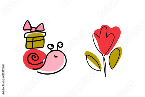 Cute snail with birthday present, red flower