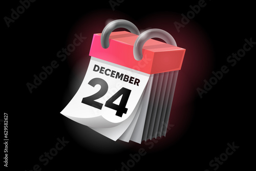 December 24 3d calendar icon with date isolated on black background. Can be used in isolation on any design.