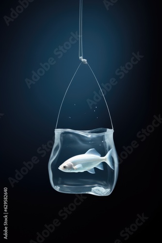 Fish in plastic bag thrown into the sea, plastic pollution underwater in the ocean. World oceans day. Eco concept. Pollution in ocean concept. Vertical design for poster with copy space