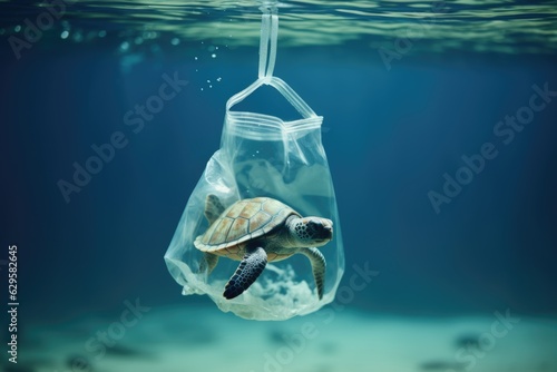 Turtle in plastic bag thrown into the sea, plastic pollution underwater in the ocean. World oceans day. Eco concept. Save green turtles. Design for poster with copy space