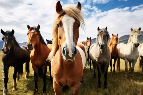 Herd of horses in nature. Generative AI © Artsiom P