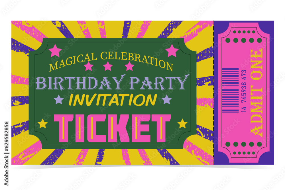 Birthday ticket with barcode. Birthday party invitation (magical celebration) Birthday ticket with barcode. Birthday party invitation (magical celebration)