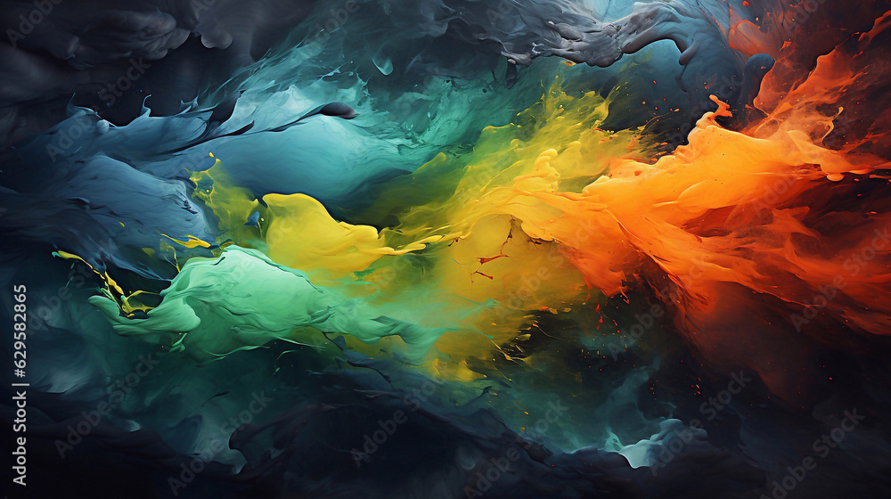 Abstract oil painting of paint splashes in black, turquoise, mint, green, yellow, orange, and red colors. Wallpaper, background, texture. Abstract oil painting of paint splashes in black, turquoise, mint, green, yellow, orange, and red colors. Wallpaper, background, texture.