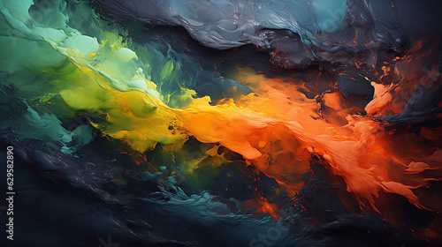 Abstract oil painting of paint splashes in black, turquoise, mint, green, yellow, orange, and red colors. Wallpaper, background, texture.