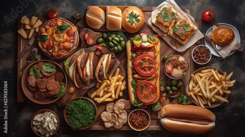 fast food table top view hamburger hot dog snack, ai generation