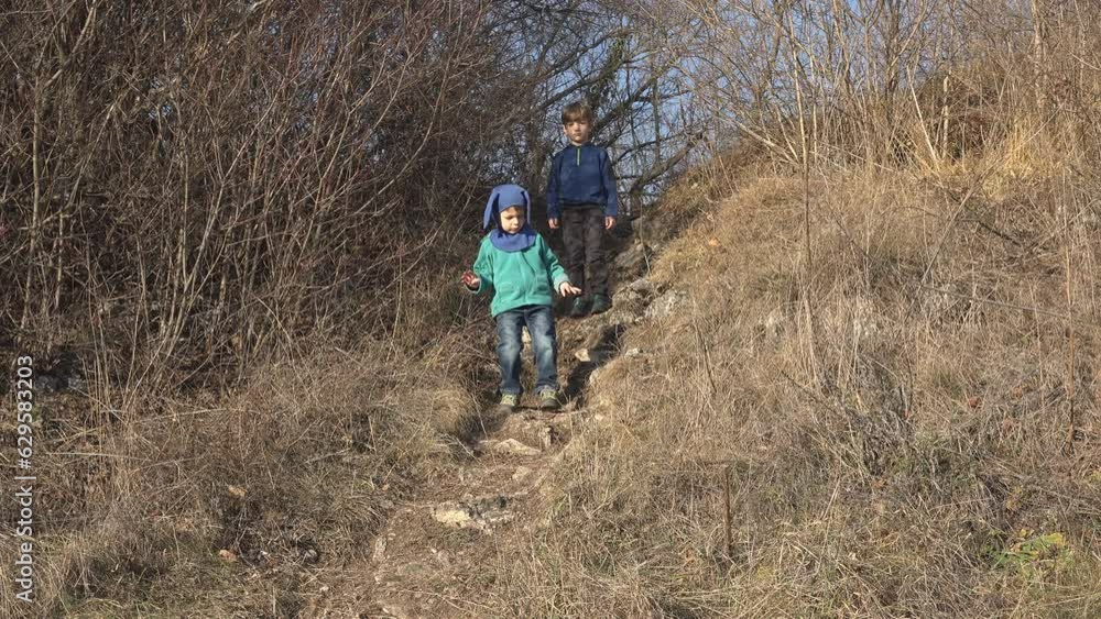 Kids going down the hill during mountain trekking Kids going down the hill during mountain trekking