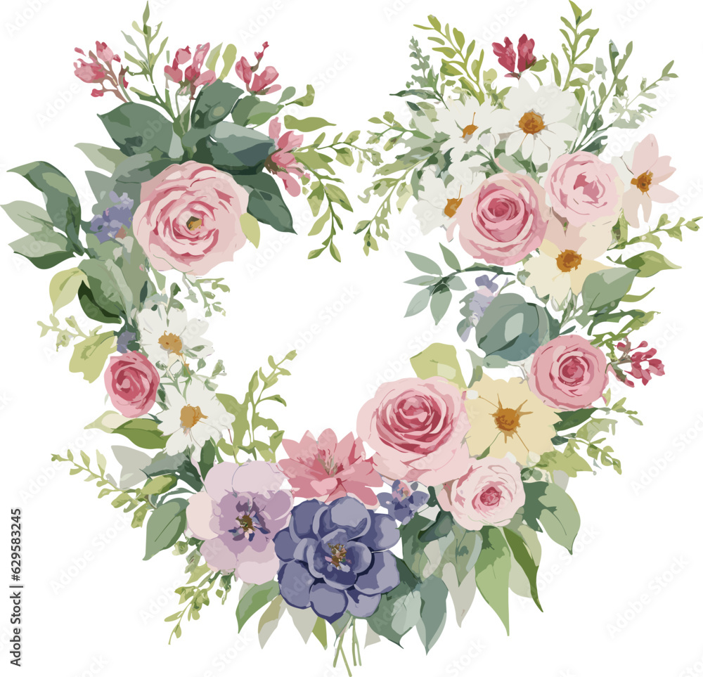 Heart Shaped Floral Design , Floral frame , Watercolor for Valentine day
