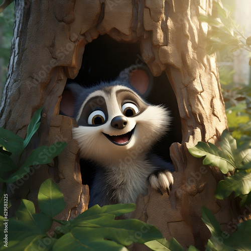 Cute mischievous racoon playing in tree