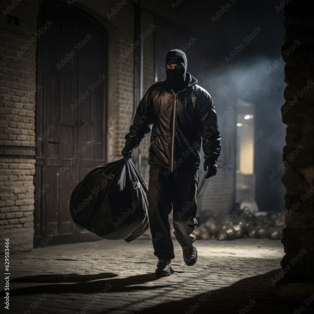 Fototapeta premium Masked thief .burglar or thief breaking into a home at night.Thief