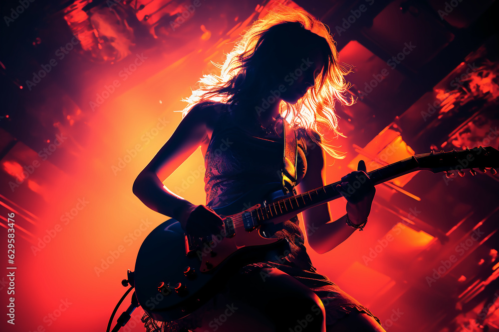 Obraz premium Silhouette of a 18 year old girl, Female rock singer, play a Electric Guitar and sing, front, vintage fashion, modern posters. AI generative