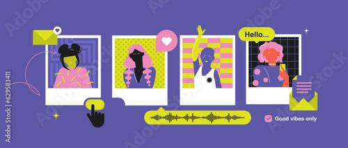 Composition with dream team and trendy stickers Y2k. Fashion girls on paloroid. Communication in messengers and social networks. New generation. Flat design. IT. Contrasting colors, zine aesthetic. 