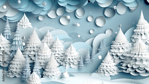 christmas landscape origami snowflakes winter merry art background paper blue tree. Generative AI. © VICHIZH