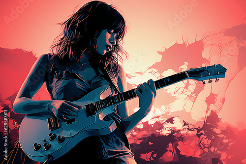 Silhouette of a 18 year old girl, Female rock singer, play a Electric Guitar and sing, front, vintage fashion, modern posters. AI generative