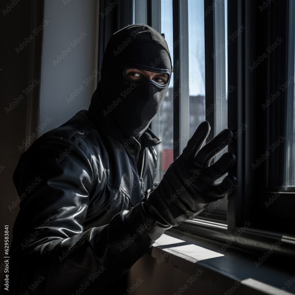 Masked thief .burglar or thief breaking into a home at night.Thief Masked thief .burglar or thief breaking into a home at night.Thief
