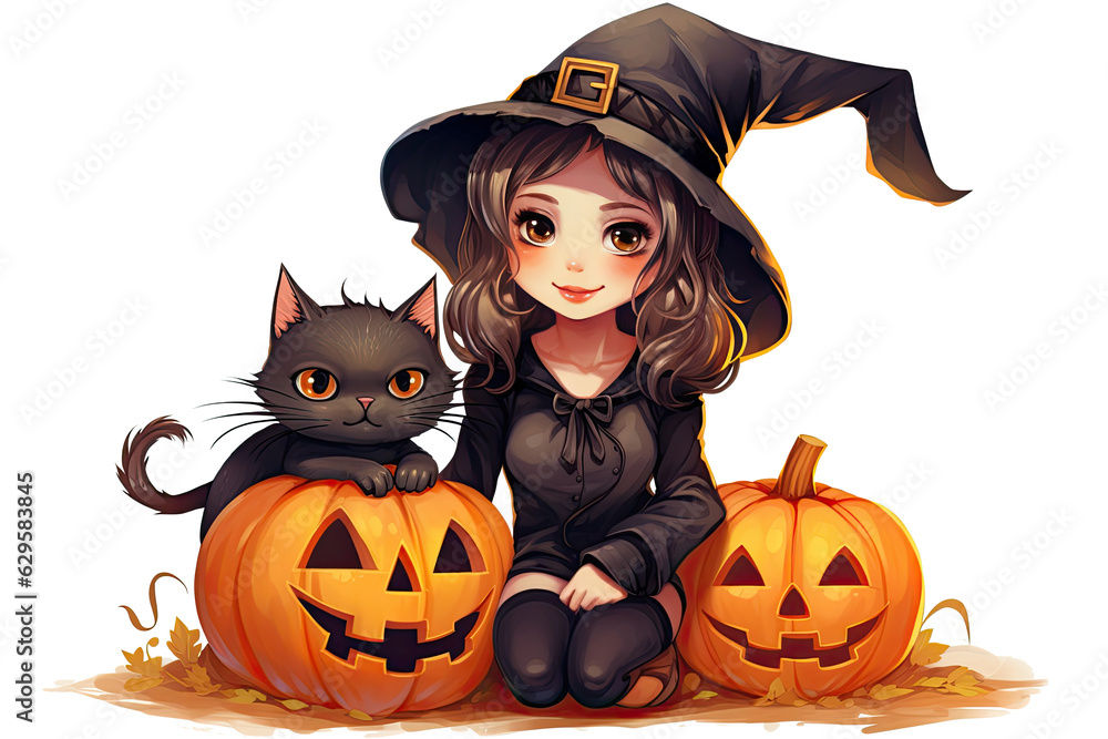 Fototapeta premium Young witch with pumpkin and cat V2
