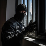 Masked thief .burglar or thief breaking into a home at night.Thief