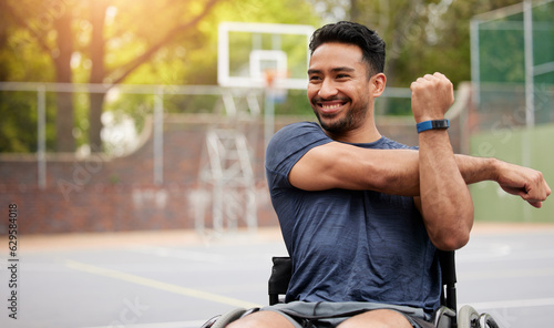 Stretching and wheelchair user with man on basketball court for training, challenge and competition. Fitness, health and sports warm up with person with a disability for workout, game and start