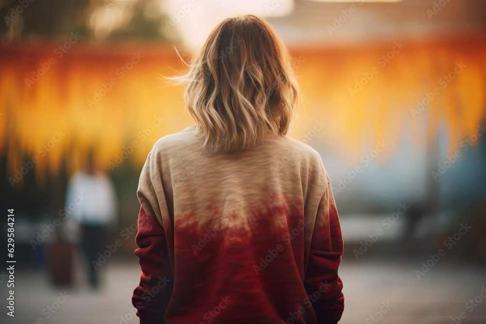 Candid back shot of a young woman wearing a trendy tie dye sweatshirt. Youth street fashion for autumn season. Candid back shot of a young woman wearing a trendy tie dye sweatshirt. Youth street fashion for autumn season.